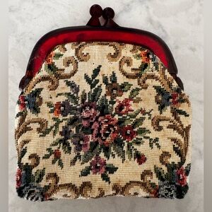 Vintage Floral Tapestry Coin Purse Red Lucite Kiss Lock 1950s 60s